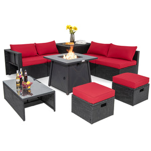 9 Piece Weatherproof Rattan Patio Conversation Set with 30 Inches Propane Fire Pit Table and Dust Covers-Red