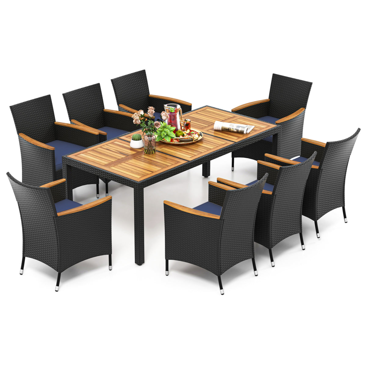 9 Pieces Outdoor Dining Set with Acacia Wood Tabletop for Garden-Navy