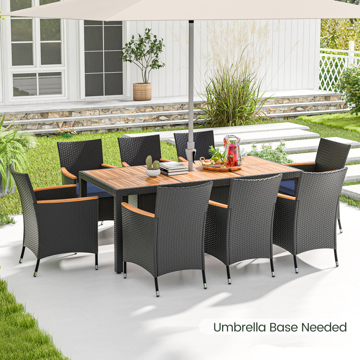 9 Pieces Outdoor Dining Set with Acacia Wood Tabletop for Garden-Navy