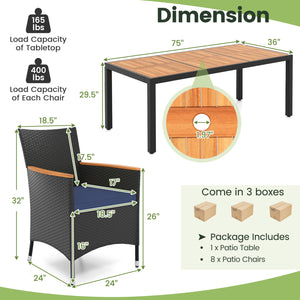 9 Pieces Outdoor Dining Set with Acacia Wood Tabletop for Garden-Navy