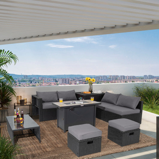 9 Pieces Outdoor PE Rattan Wicker Sectional Sofa with 42 Inch 60 000 BTU Gas Fire Pit Table-Gray