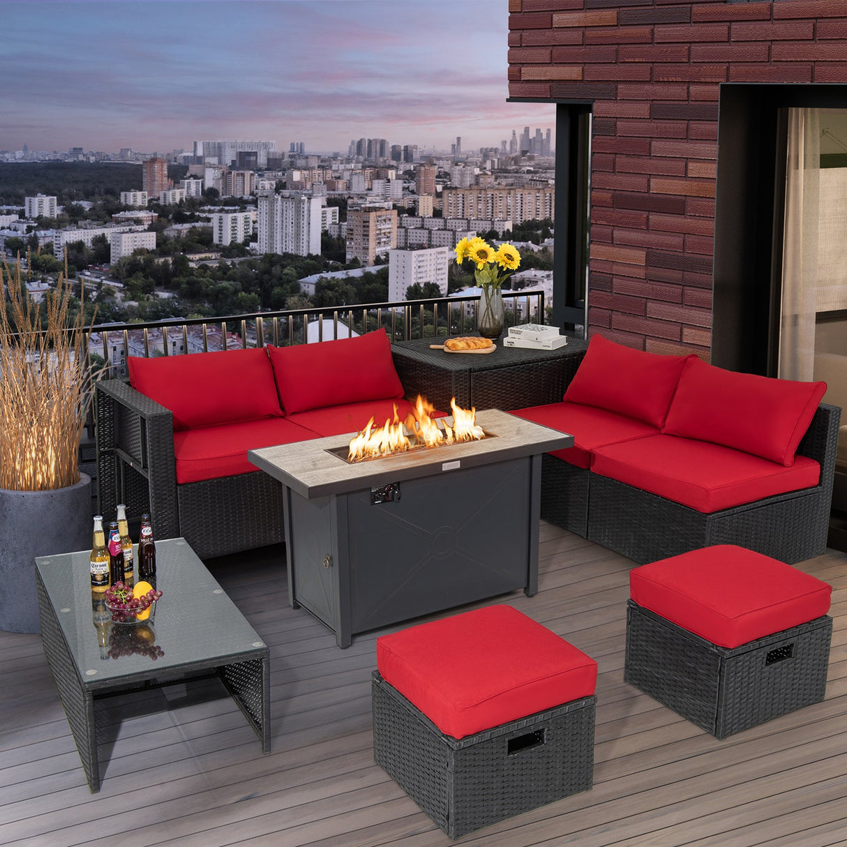 9 Pieces Outdoor PE Rattan Wicker Sectional Sofa with 42 Inch 60 000 BTU Gas Fire Pit Table-Red