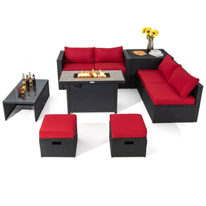 9 Pieces Outdoor PE Rattan Wicker Sectional Sofa with 42 Inch 60 000 BTU Gas Fire Pit Table-Red