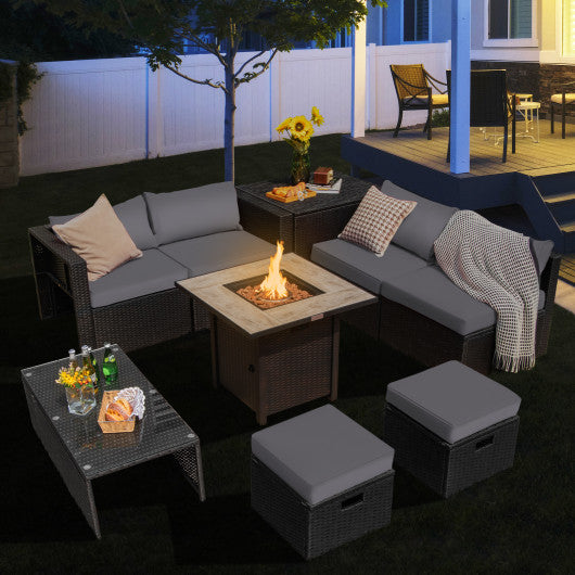 9 Pieces Outdoor PE Rattan Wicker Sectional Sofa with 42 Inch Gas Fire Pit Table-Gray
