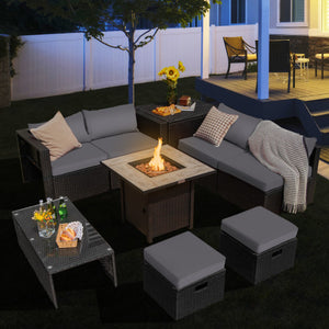 9 Pieces Outdoor PE Rattan Wicker Sectional Sofa with 42 Inch Gas Fire Pit Table-Gray