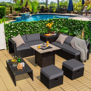 9 Pieces Outdoor PE Rattan Wicker Sectional Sofa with 42 Inch Gas Fire Pit Table-Gray
