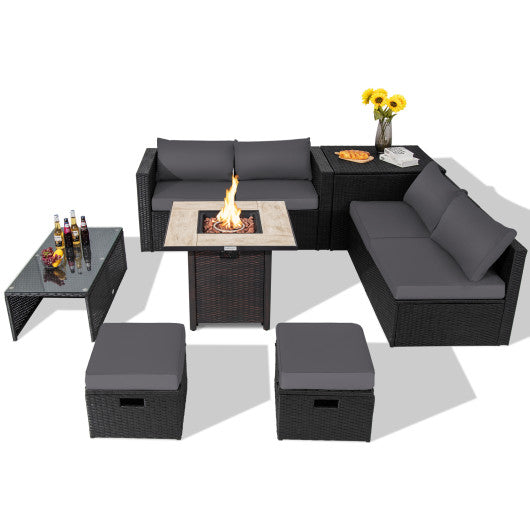 9 Pieces Outdoor PE Rattan Wicker Sectional Sofa with 42 Inch Gas Fire Pit Table-Gray