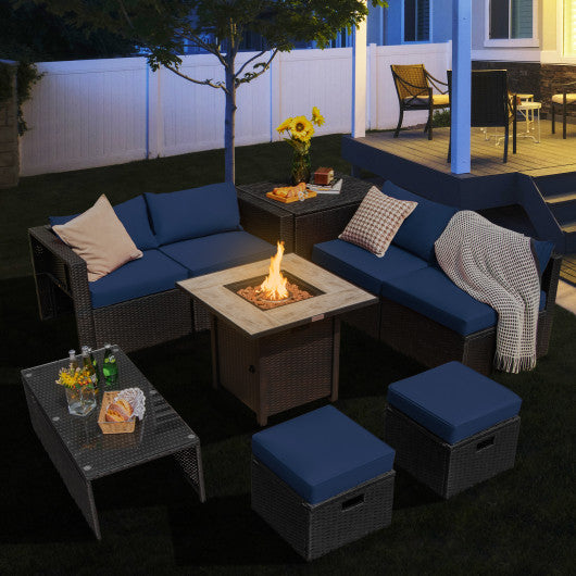 9 Pieces Outdoor PE Rattan Wicker Sectional Sofa with 42 Inch Gas Fire Pit Table-Navy