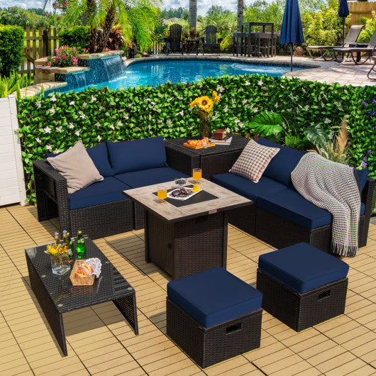 9 Pieces Outdoor PE Rattan Wicker Sectional Sofa with 42 Inch Gas Fire Pit Table-Navy