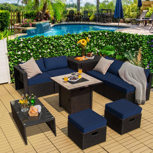9 Pieces Outdoor PE Rattan Wicker Sectional Sofa with 42 Inch Gas Fire Pit Table-Navy