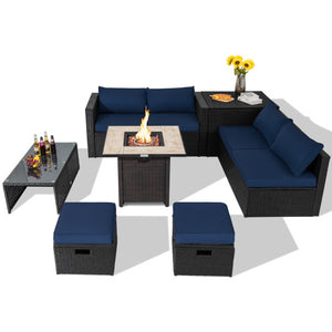9 Pieces Outdoor PE Rattan Wicker Sectional Sofa with 42 Inch Gas Fire Pit Table-Navy