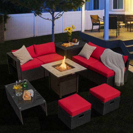 9 Pieces Outdoor PE Rattan Wicker Sectional Sofa with 42 Inch Gas Fire Pit Table-Red