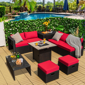 9 Pieces Outdoor PE Rattan Wicker Sectional Sofa with 42 Inch Gas Fire Pit Table-Red