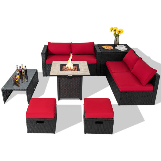 9 Pieces Outdoor PE Rattan Wicker Sectional Sofa with 42 Inch Gas Fire Pit Table-Red