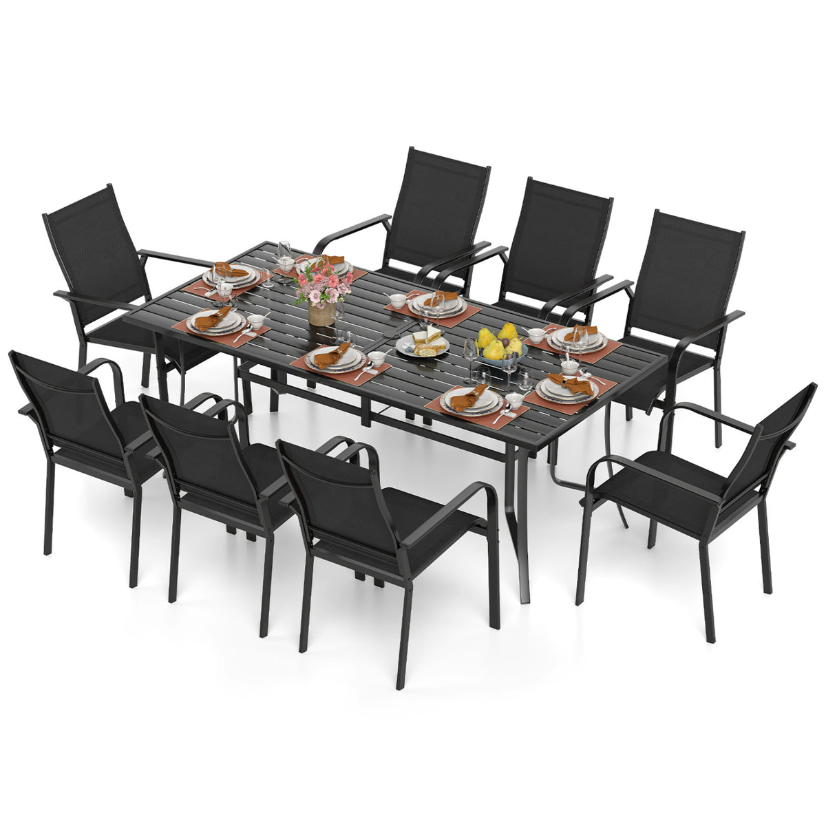 9 Pieces Patio Dining Set for 8 Stackable Chairs and Outdoor Rectangular Table-Black