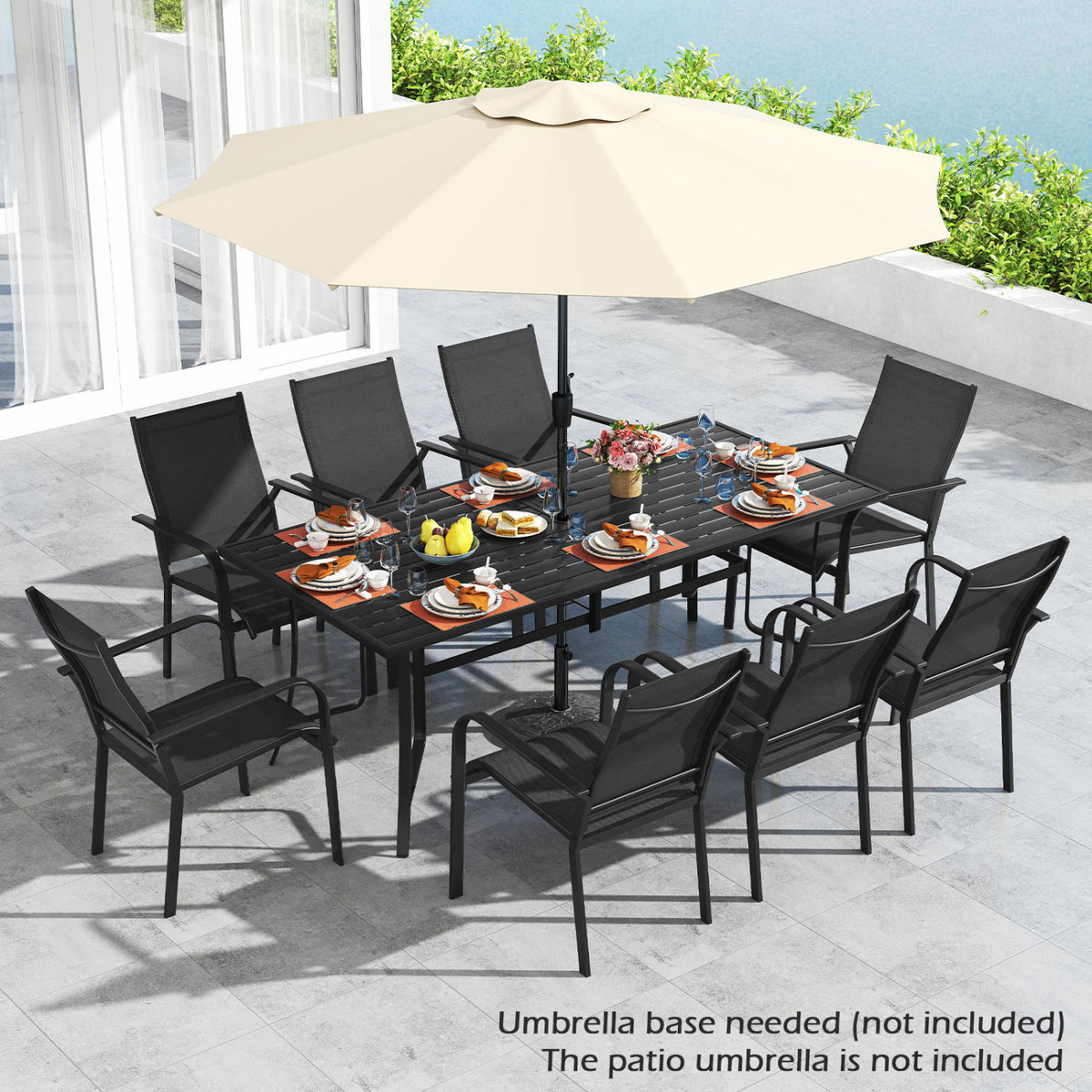 9 Pieces Patio Dining Set for 8 Stackable Chairs and Outdoor Rectangular Table-Black