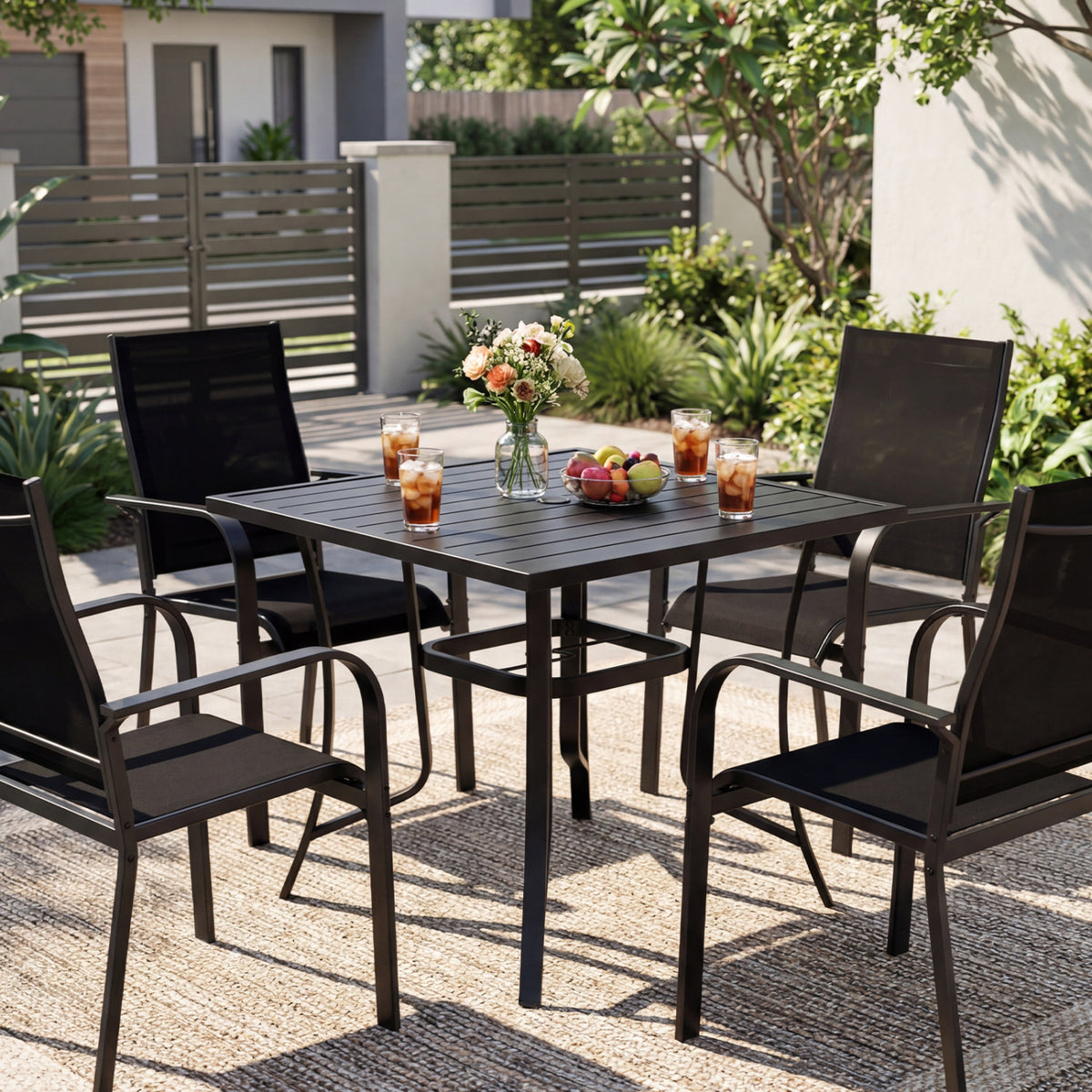 5 Pieces Patio Dining Set for 4 Outdoor Square Table and Stackable Chairs-Black