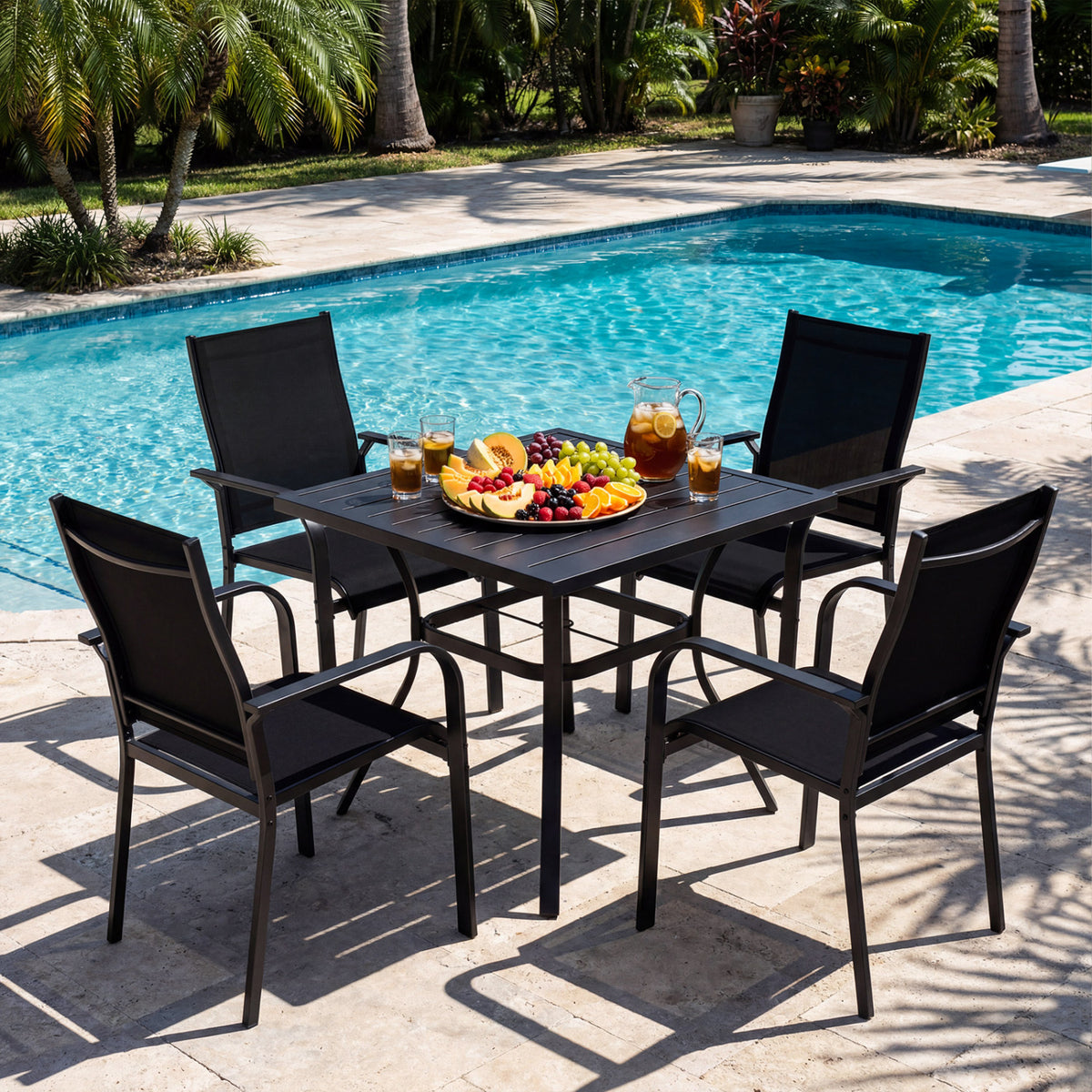 5 Pieces Patio Dining Set for 4 Outdoor Square Table and Stackable Chairs-Black