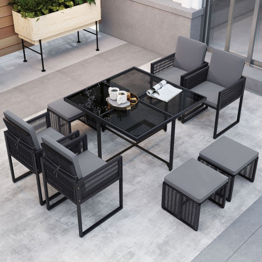 9 Pieces Patio Dining Set with Cushions for Yard Garden-Gray