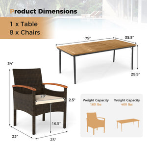 9 Pieces Patio PE Wicker Dining Set with Cushions and Umbrella Hole