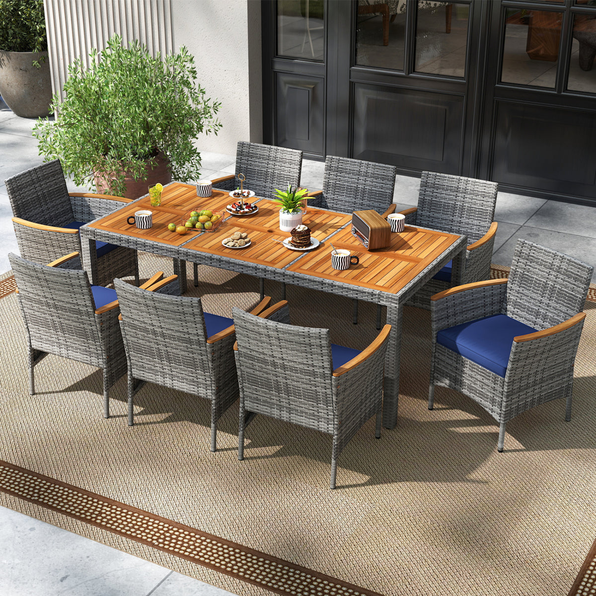 9 Pieces Patio PE Wicker Dining Set for Deck  Garden and Yard-Navy