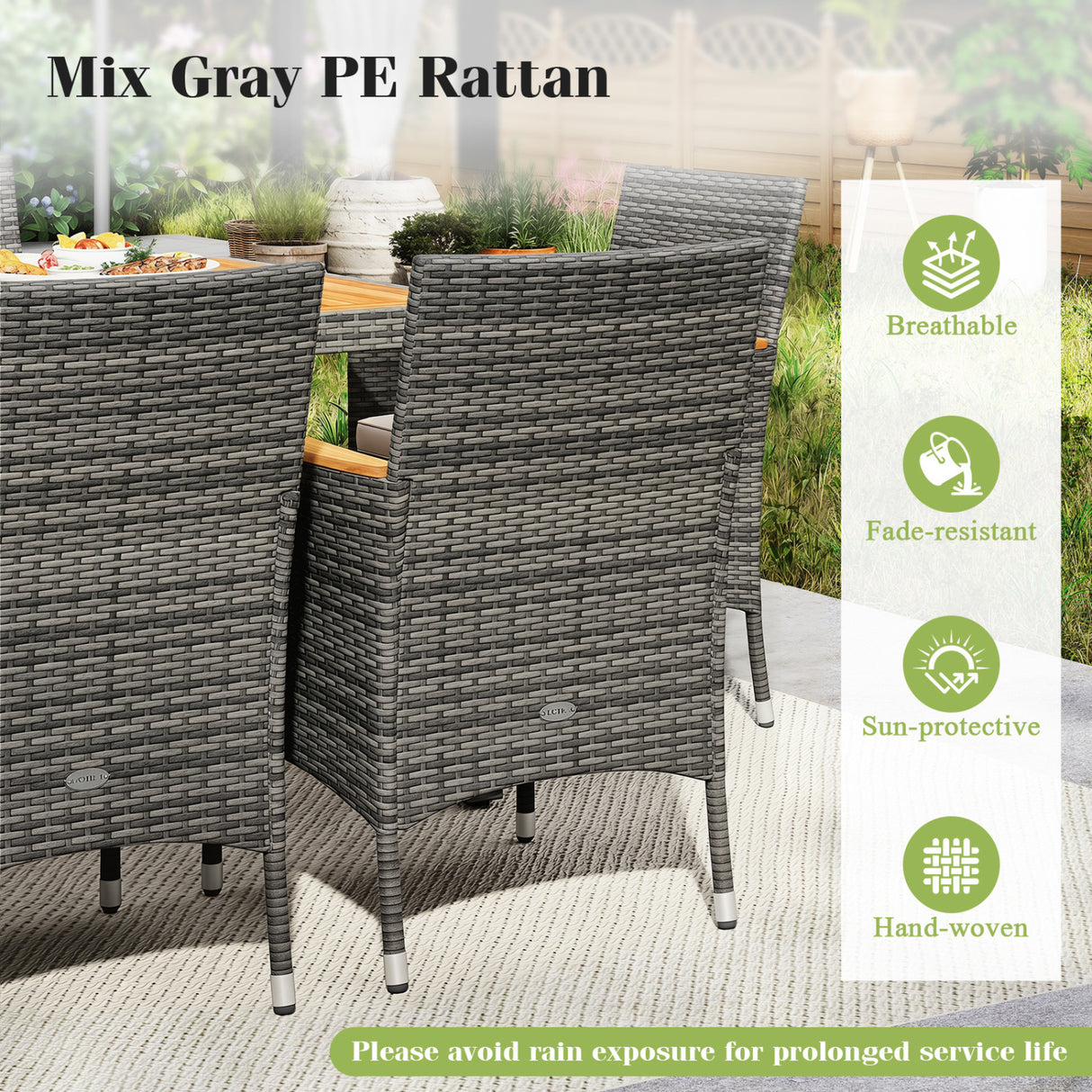 9 Pieces Rattan Patio Dining Set with Acacia Wood Table and Cushioned Chair
