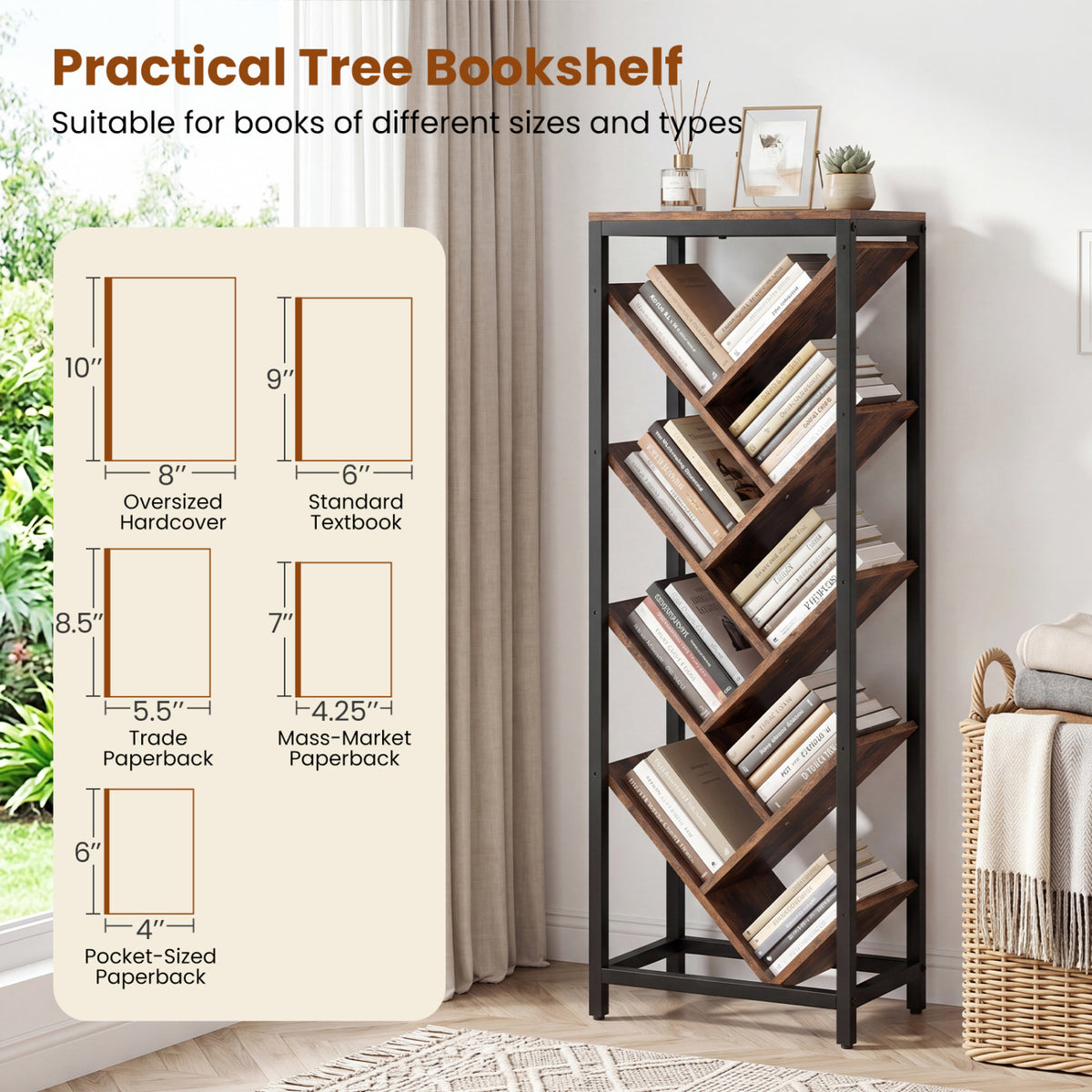 9-Tier Freestanding Bookcase for Hardcover Books-Rustic Brown