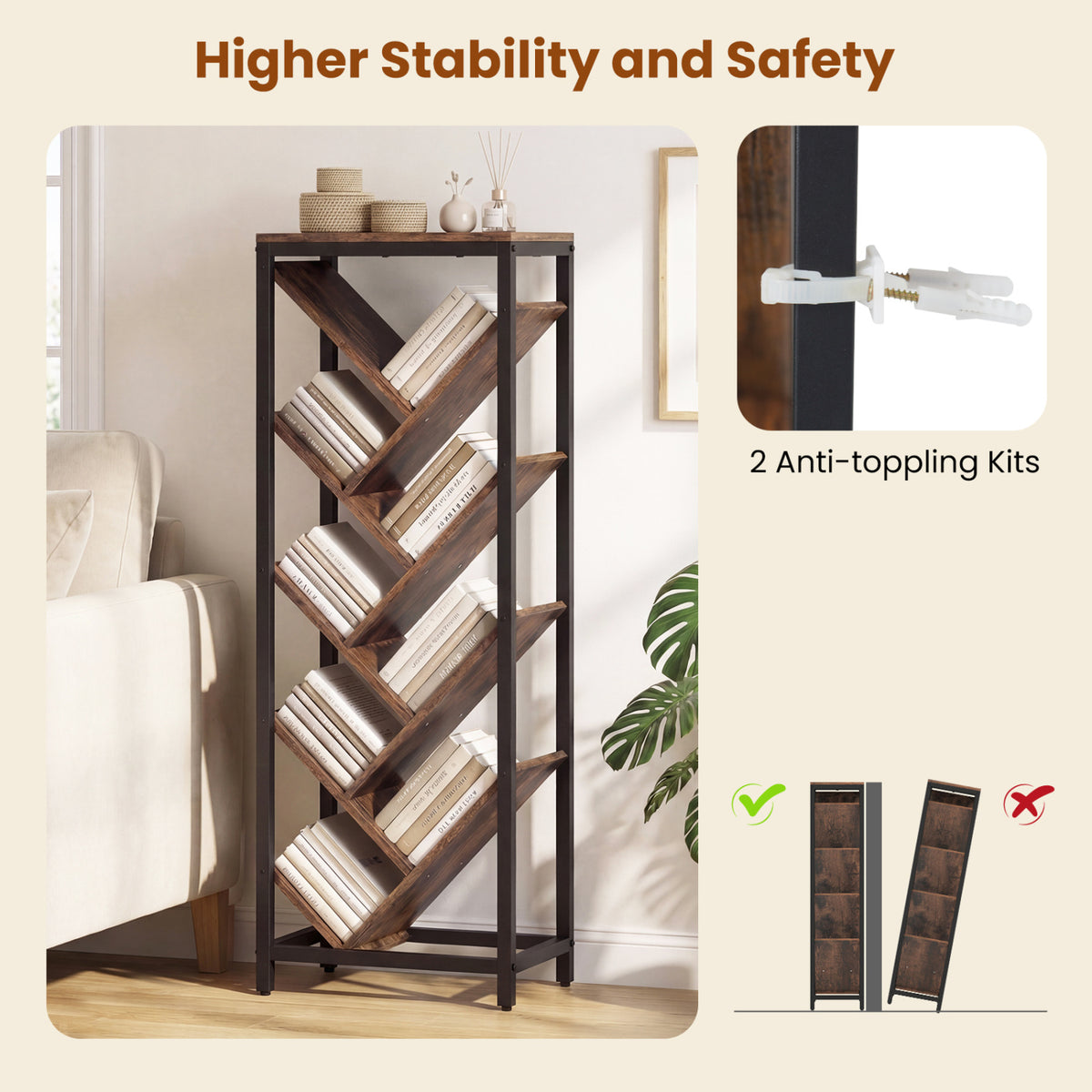 9-Tier Freestanding Bookcase for Hardcover Books-Rustic Brown