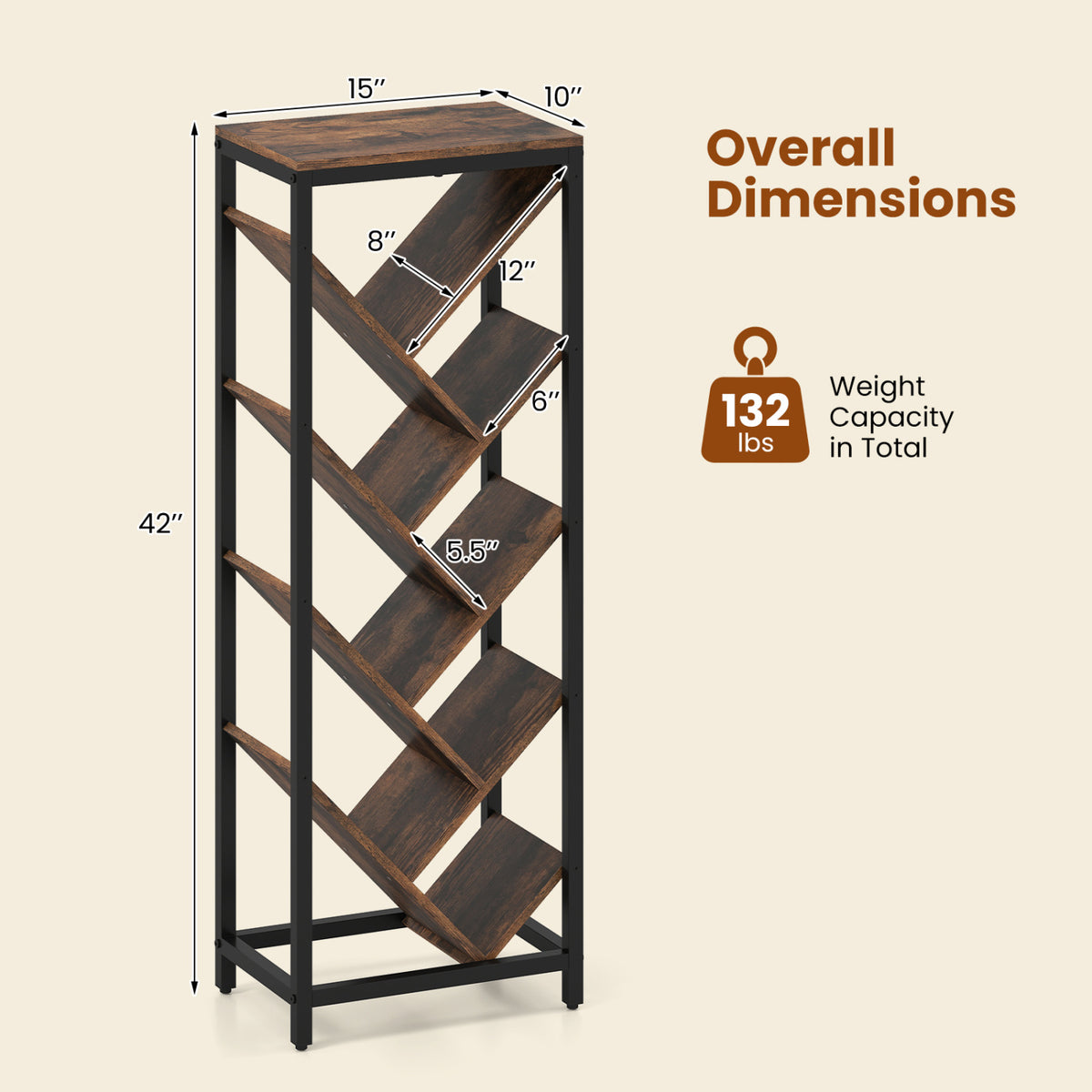 9-Tier Freestanding Bookcase for Hardcover Books-Rustic Brown