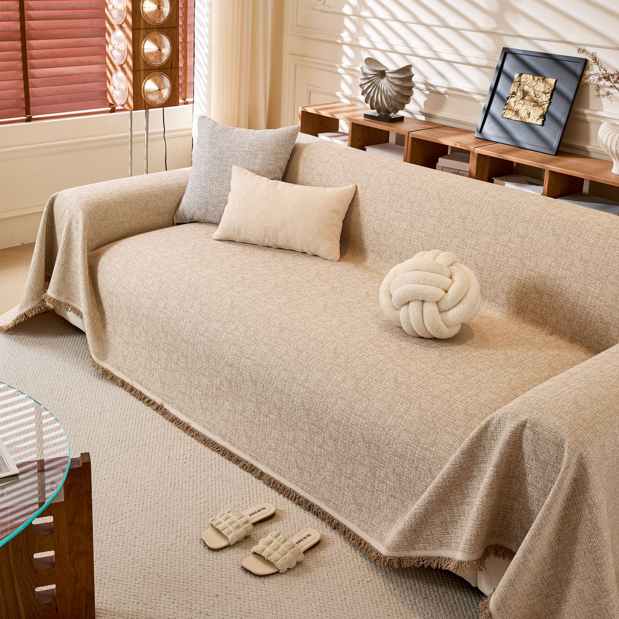 Natural Textured Linen Couch Cover, Breathable & Hypoallergenic Furniture Protector