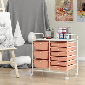 9-Drawer Rolling Storage Cart with Colorful Drawers and Metal Frame-Peach