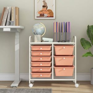 9-Drawer Rolling Storage Cart with Colorful Drawers and Metal Frame-Peach