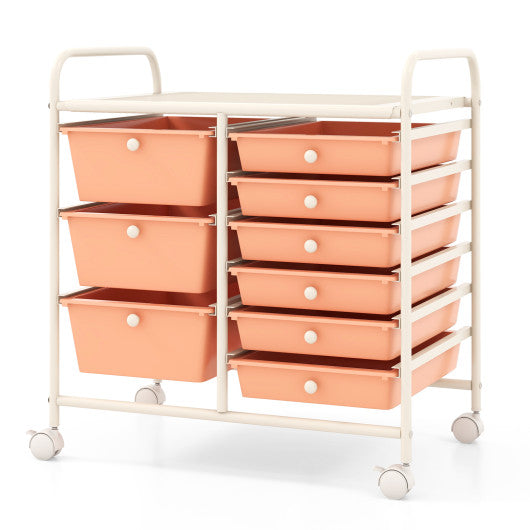 9-Drawer Rolling Storage Cart with Colorful Drawers and Metal Frame-Peach