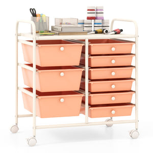 9-Drawer Rolling Storage Cart with Colorful Drawers and Metal Frame-Peach