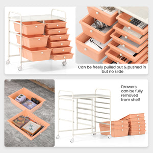 9-Drawer Rolling Storage Cart with Colorful Drawers and Metal Frame-Peach