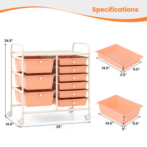 9-Drawer Rolling Storage Cart with Colorful Drawers and Metal Frame-Peach