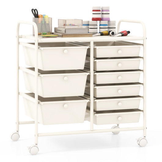 9-Drawer Rolling Storage Cart with Colorful Drawers and Metal Frame-White