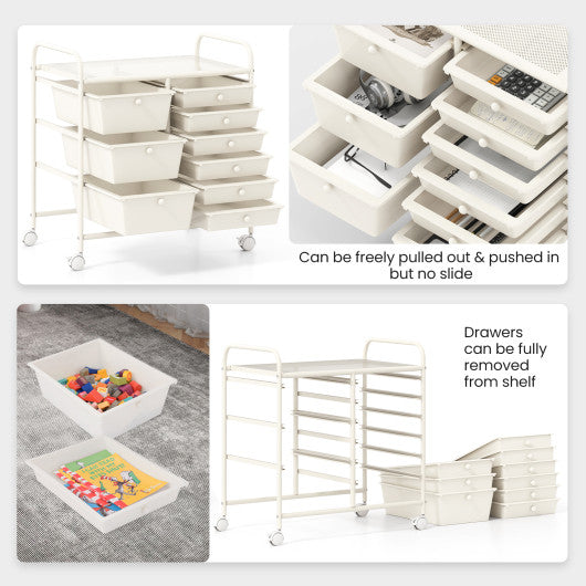 9-Drawer Rolling Storage Cart with Colorful Drawers and Metal Frame-White