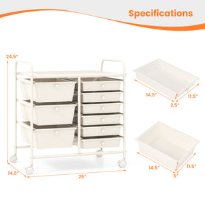 9-Drawer Rolling Storage Cart with Colorful Drawers and Metal Frame-White