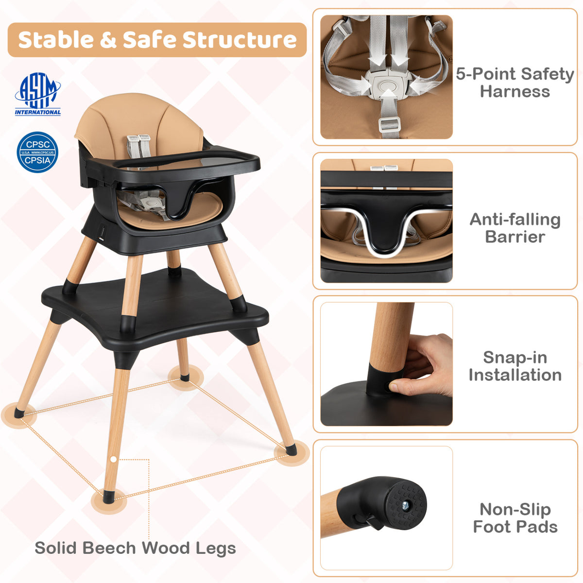 9-in-1 Convertible High Chair with Solid Wood Legs for Babies and Toddlers-Black