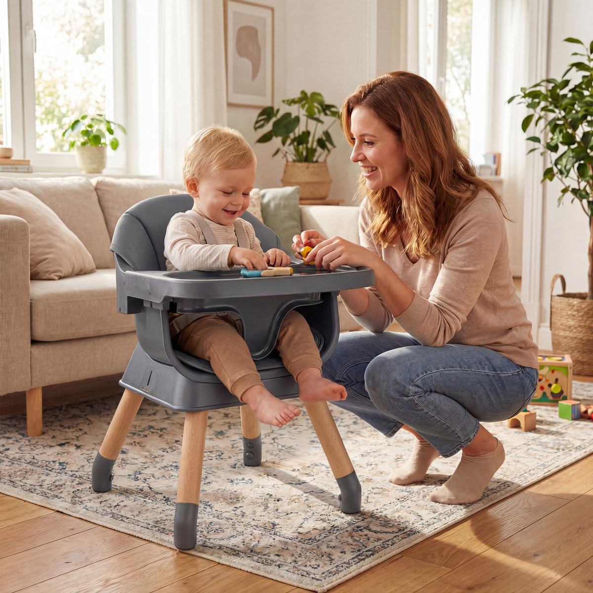 9-in-1 Convertible High Chair with Solid Wood Legs for Babies and Toddlers-Gray