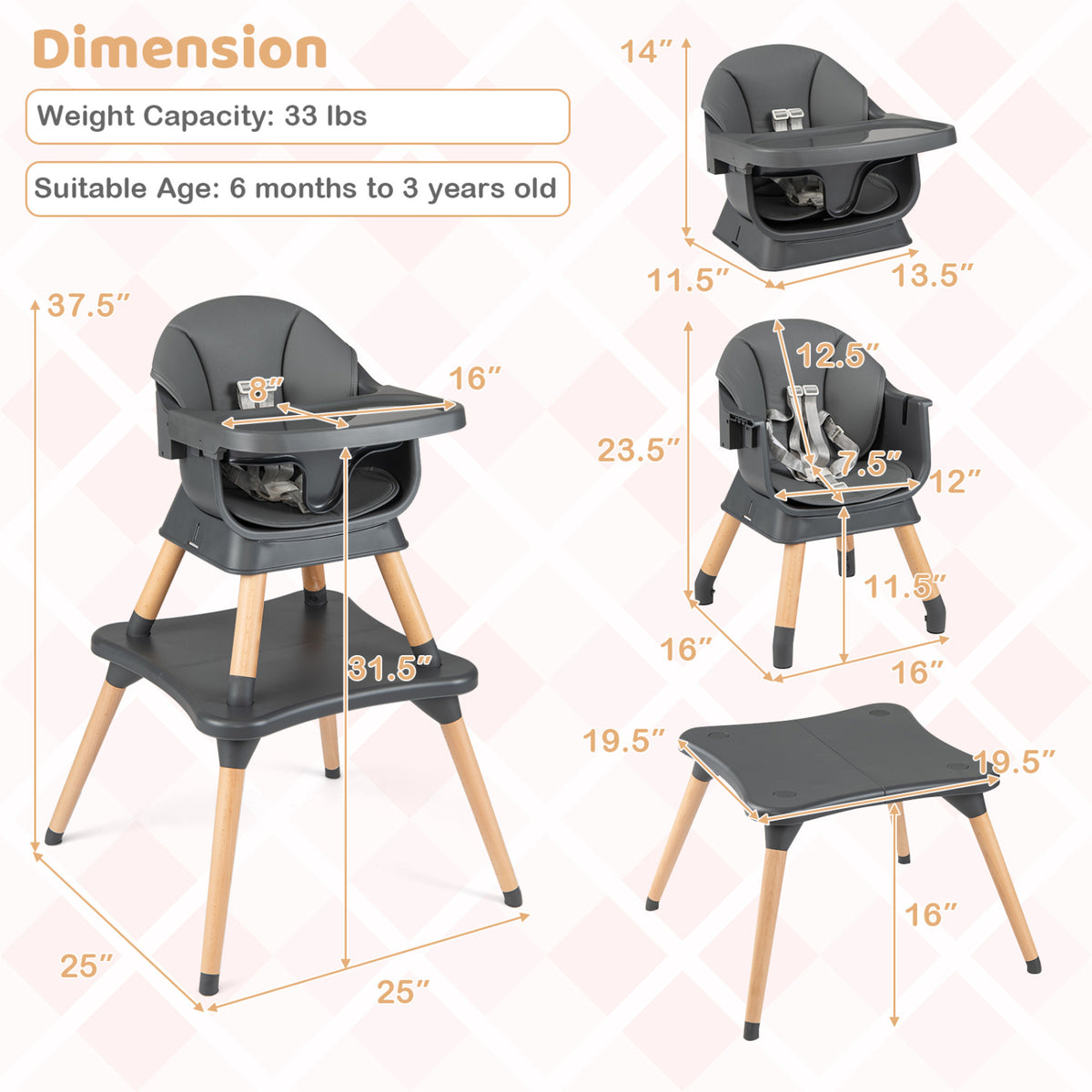 9-in-1 Convertible High Chair with Solid Wood Legs for Babies and Toddlers-Gray