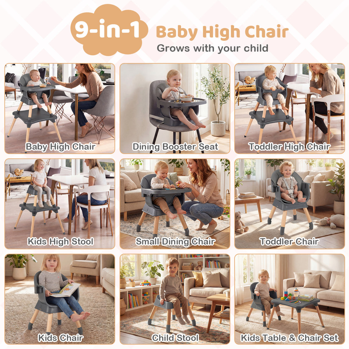 9-in-1 Convertible High Chair with Solid Wood Legs for Babies and Toddlers-Gray