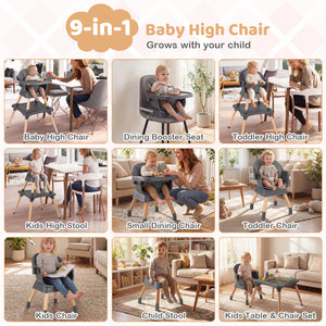 9-in-1 Convertible High Chair with Solid Wood Legs for Babies and Toddlers-Gray