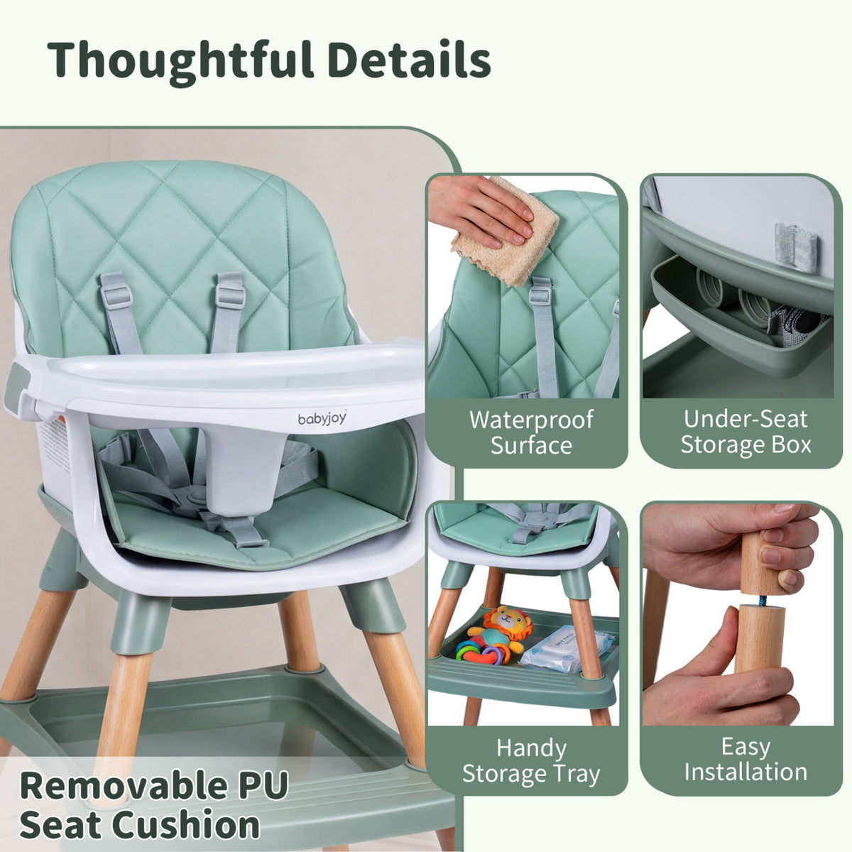 9-in-1 Convertible High Chair for Babies and Toddlers with Seat Cushion-Green