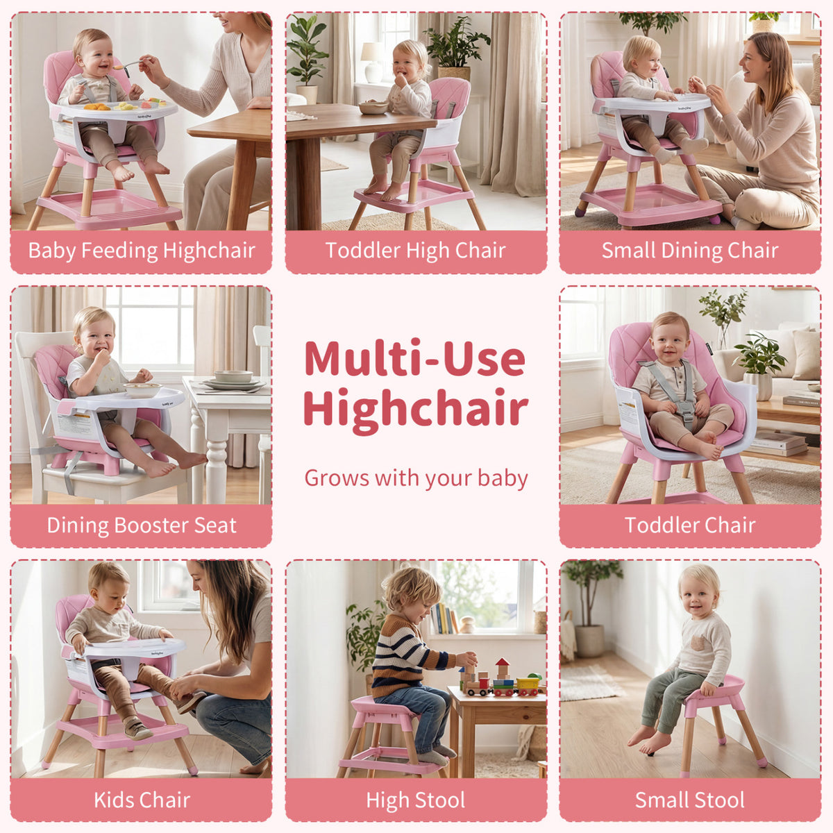9-in-1 Convertible High Chair for Babies and Toddlers with Seat Cushion-Pink