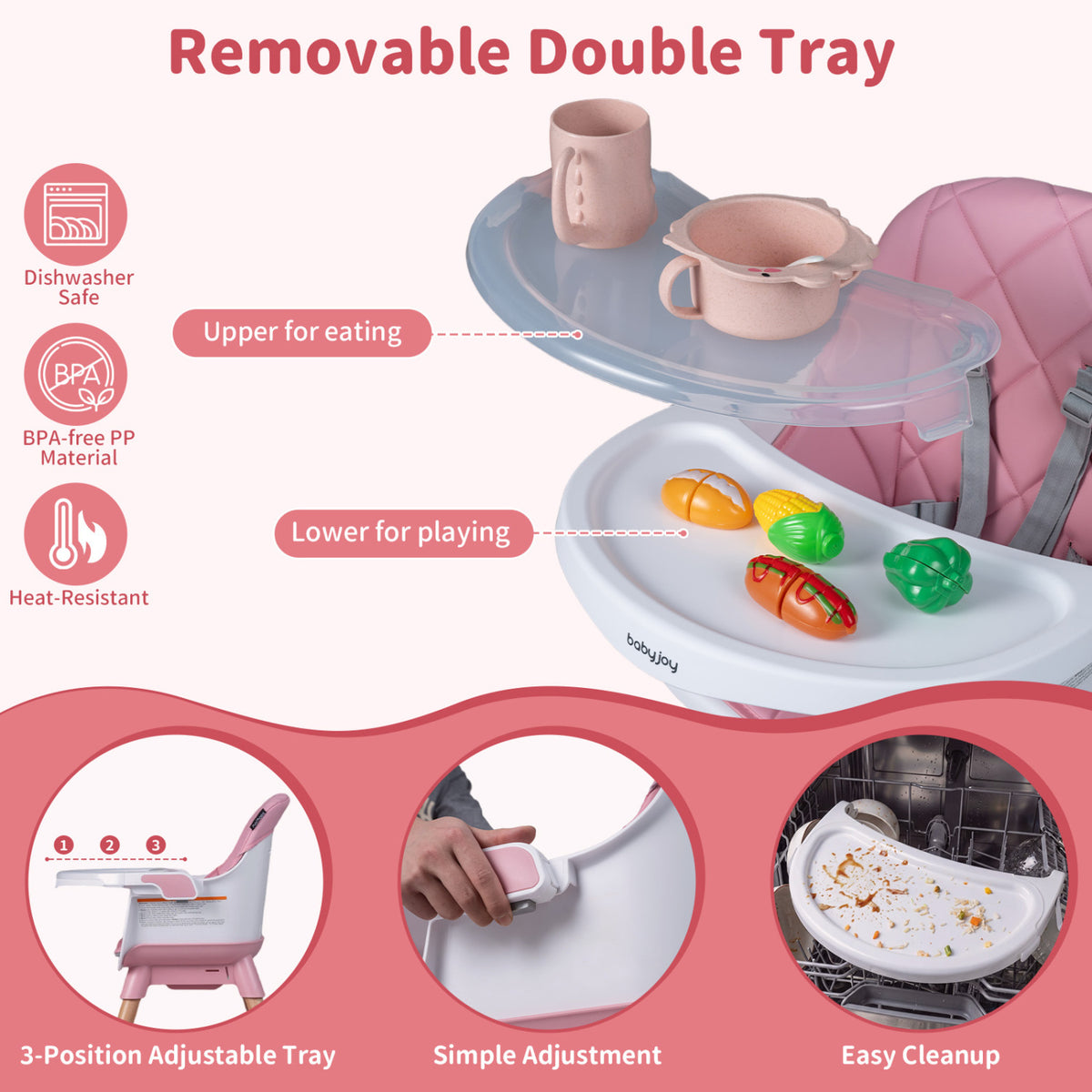 9-in-1 Convertible High Chair for Babies and Toddlers with Seat Cushion-Pink