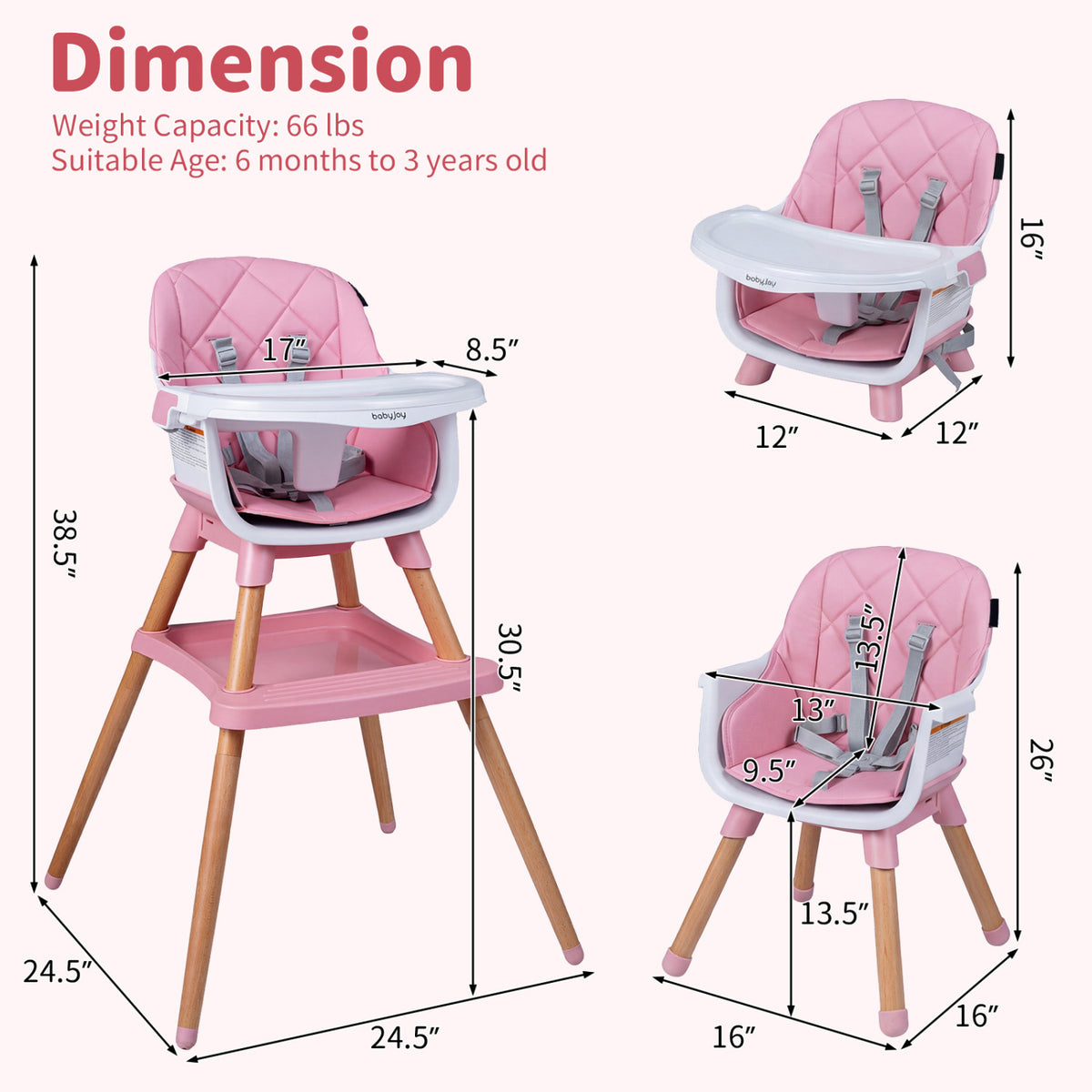 9-in-1 Convertible High Chair for Babies and Toddlers with Seat Cushion-Pink