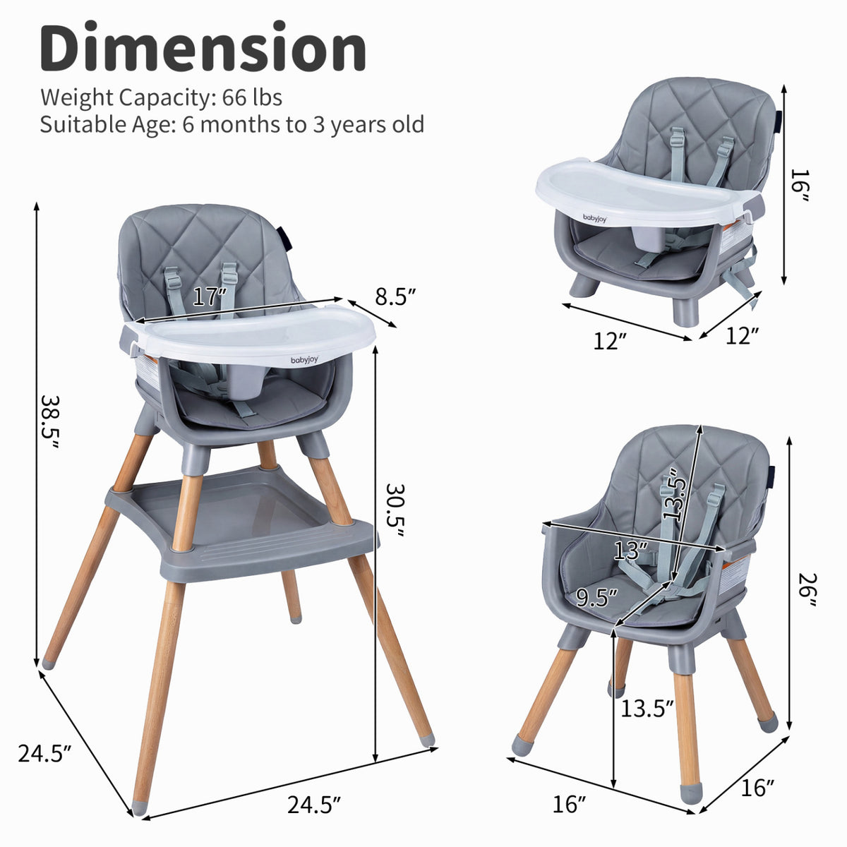 9-in-1 Convertible High Chair for Babies and Toddlers with Seat Cushion-Gray