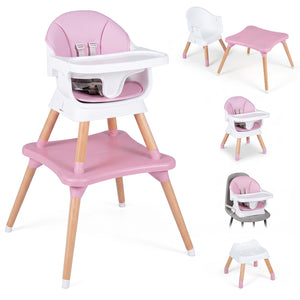 9-in-1 Convertible High Chair with Solid Wood Legs for Babies and Toddlers-Pink